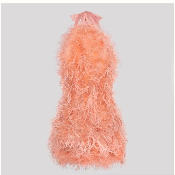 SAFFIYYAH PAUL Ostrich Feather Peach High Neck Open Back Mini Dress M/L Backless